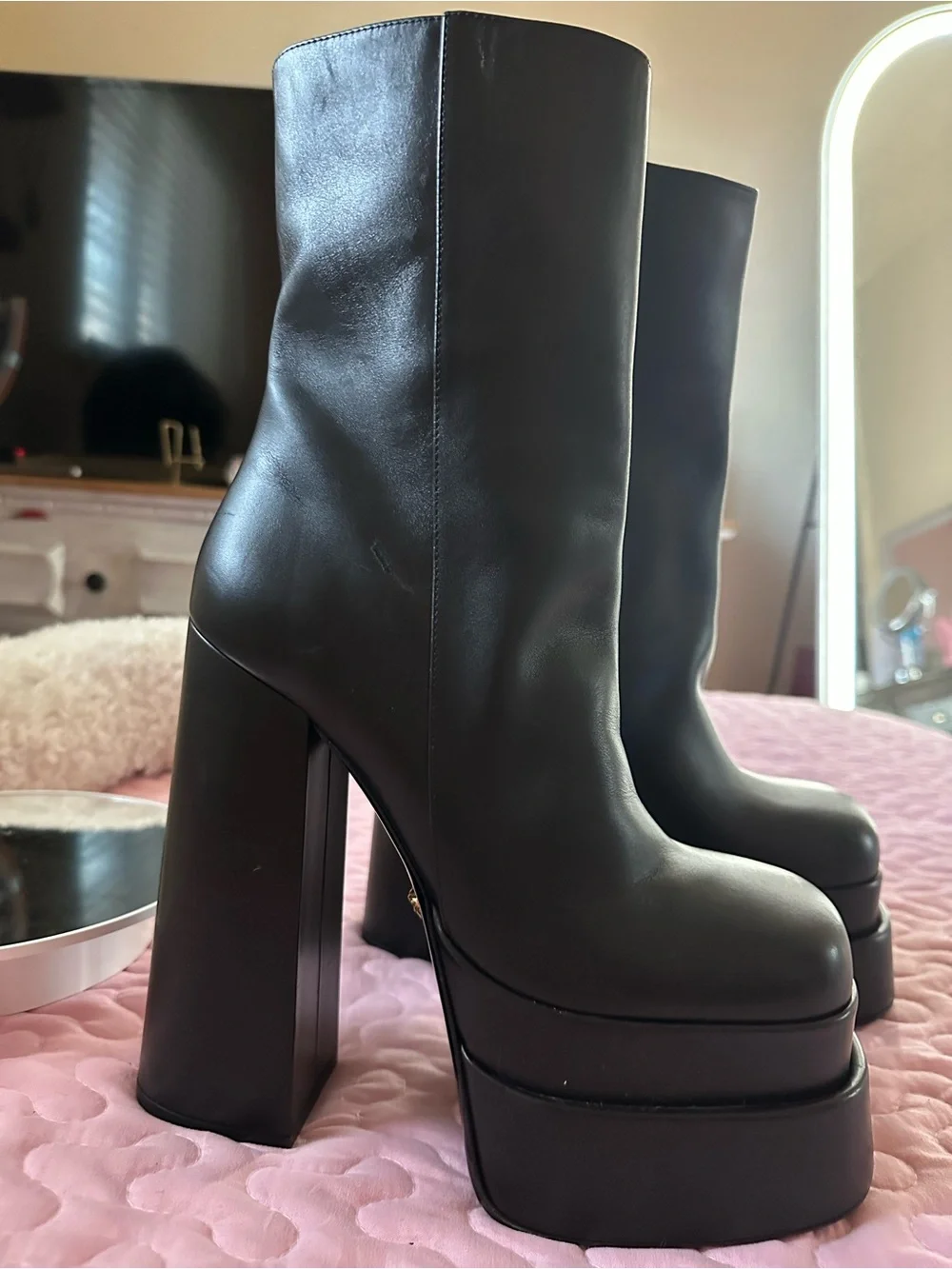 Versace Black Platform High Heel Mid-Calf Boots